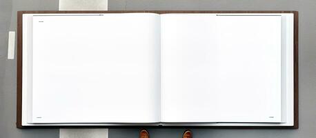 Photo of an open book on a wooden shelf, with empty space for text or images with copy space