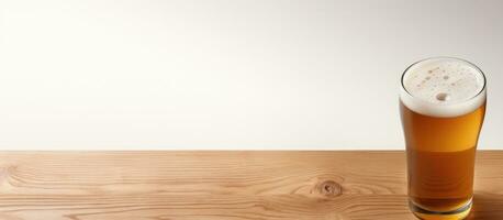 Photo of a refreshing glass of beer on a rustic wooden table, perfect for a relaxing evening with copy space