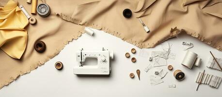 Photo of a sewing machine on a table with ample space for creativity with copy space