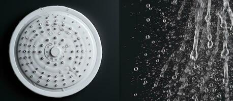 Photo of a shower head with water running out, creating a refreshing and relaxing shower experience with copy space