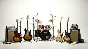 rock banda, solo guitarra, bajo, batería, micrófono en un negro maleta, ai generativo foto