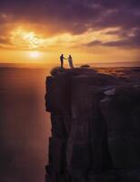 couple standing on a cliff in the evening sunset, wedding invitation, romance, love, AI Generative photo