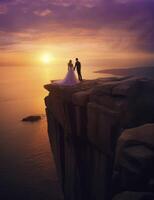 couple standing on a cliff in the evening sunset, wedding invitation, romance, love, AI Generative, AI Generative photo