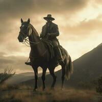Silhouette Cowboy on horseback. Ranch, AI Generative photo
