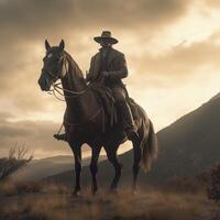 Silhouette Cowboy on horseback. Ranch, AI Generative photo