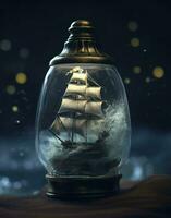 Sailing yacht in the bottle on beautiful seascape. Beautiful screen saver, AI Generative photo