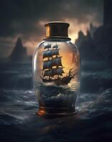 Sailing yacht in the bottle on beautiful seascape. Beautiful screen saver, photo