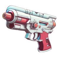 Watercolor illustration of a red and white alien blaster with a lightning bolt imprint in cartoon style, isolated on transparent background. Space punk raygun drawing. Laser gun fantasy art. png