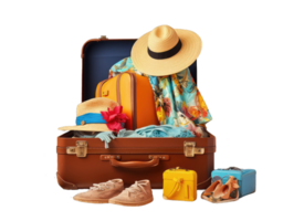 Suitcase with travel accessories on transparent background. 3d rendering png