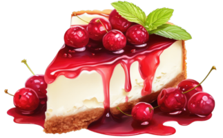 Cheesecake with fresh red currants, syrup and mint leaves isolated on transparent background png