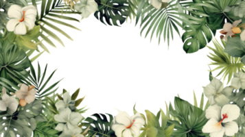 tropisch Rahmen mit exotisch Urwald Pflanzen, Palme Blätter, Monstera und Platz zum Text. Folliage Vektor Hintergrund. tropisch Design zum reisen, Sommer- Urlaub, transparent Hintergrund png