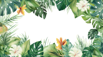 tropisch Rahmen mit exotisch Urwald Pflanzen, Palme Blätter, Monstera und Platz zum Text. Folliage Vektor Hintergrund. tropisch Design zum reisen, Sommer- Urlaub, transparent Hintergrund png