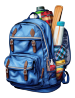 Turquoise backpack with different school stationery on transparent background, ddigital painting png