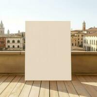Blank white canvas frame leaning at bridge with rivercity background, Mock up template for adding your design, Generative AI photo