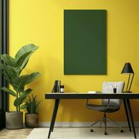 Mock up frame in interior background, black wooden office on Yellow wall, 3d render, 3d illustration, Generative AI photo