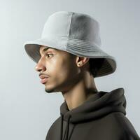 Man in a beige bucket hat, Generative AI photo