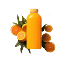 Orange juice drink bottle mockup in 3d illustration on transparent background, generative AI png