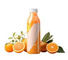 Orange juice drink bottle mockup in 3d illustration on transparent background, generative AI png