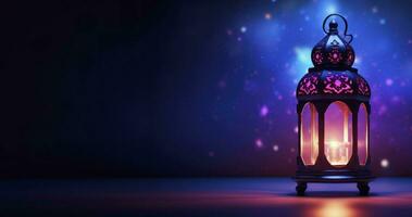 Islamic greeting Eid Mubarak cards for Muslim Holiday. Arabic Ramadan Lantern .Decoration lamp, Generative AI photo