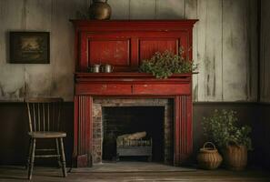 Red Wooden Fireplace, Retro and rustic style, Generative AI photo