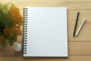 Realistic notebook mockup, notepad with blank cover and spread for your design. Realistic copybook with shadows, Generative AI photo