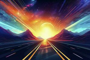 Abstract Backgrounds 80's retro Vector virtual reality street mountain vr glasses and holographic simulation concept virtual world game virtual reality in cinema, generative ai photo