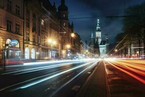 carros ligero caminos a noche en asfalto la carretera a noche, largo exposición imagen, generativo ai foto