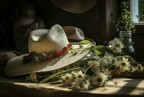 Rustic table with a straw hat, retro expedition style, generative ai photo