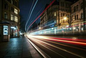 Cars light trails at night in asphalt road at night, long exposure image, generative ai photo