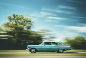 Speeding Classic Car On Highway. Powerful acceleration of a retrocar. 3d render, generative ai photo