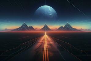 Abstract Backgrounds 80's retro Vector virtual reality street mountain vr glasses and holographic simulation concept virtual world game virtual reality in cinema or future metaverse, generative ai photo