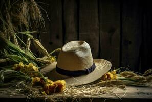 Rustic table with a straw hat, retro expedition style, generative ai photo