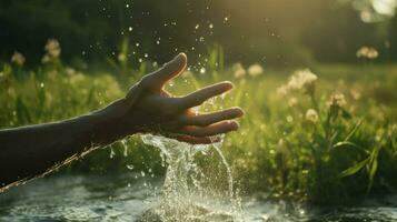 Closeup water flow and splash to hand for nature concept on the garden background, generative ai photo