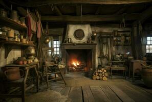 Dark moody medieval tavern inn interior with food and drink on tables, burning open fireplace, candles and daylight through a window. generative ai photo