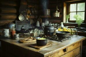 antiguo hora pueblo cocina. rústico Cocinando accesorios en antiguo despensa, generativo ai foto