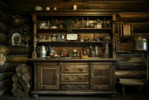Old time village kitchen. Rustic cooking accessories in antique pantry, Generative AI photo
