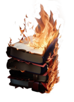 Stack of books burning, isolated on transparent background, generative AI png