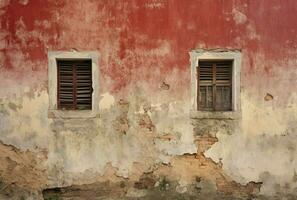 antiguo de madera ventanas en un rojo ladrillo muro, retro y rústico estilo, generativo ai foto