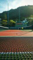 AI Generative Abstract closeup image of outdoor clay tennis court with green surface and net at tropical hotel holiday resort photo