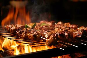AI Generative Chicken legs white meat cooking on large barbecue BBQ outdoors at night photo