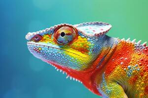 AI Generative Closeup detail of a chameleon head against blue sky background photo