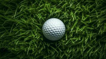 AI Generative Closeup detail of golf ball by hole on green artificial grass astroturf photo