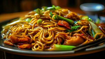 AI Generative Closeup of chinese stir fried noodles on display at a hotel restaurant buffet photo