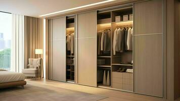 AI Generative Interior design decor furnishing of luxury show home bedroom showing wooden wardrobe closet furniture photo