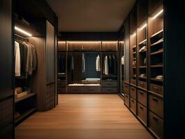 AI Generative Interior design decor furnishing of luxury show home bedroom showing walk in wooden wardrobe closet furniture photo