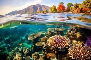 ai generativo grande difícil corales en un tropical coral arrecife sólo abajo el agua superficie con reflexión foto