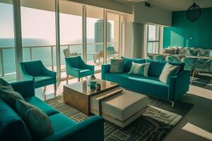 AI Generative Living room lounge area in luxury apartment show home showing interior design decor furnishing with open plan dining area and sea view from balcony photo