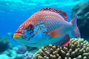 AI Generative Scissortail sergeant fish swimming midwater in blue on tropical coral reef photo