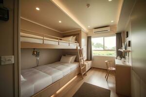 ai generativo gemelo y litera camas en suite de un lujo hotel familia habitación interior diseño mueble foto