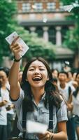 ai generativo asombrado joven asiático hembra estudiante Mira en teléfono pantalla emocionado con oficial correo electrónico acerca de admisión a Universidad contento lleno de alegría vietnamita mujer aumento mano sensación como ganador obtener victoria en foto